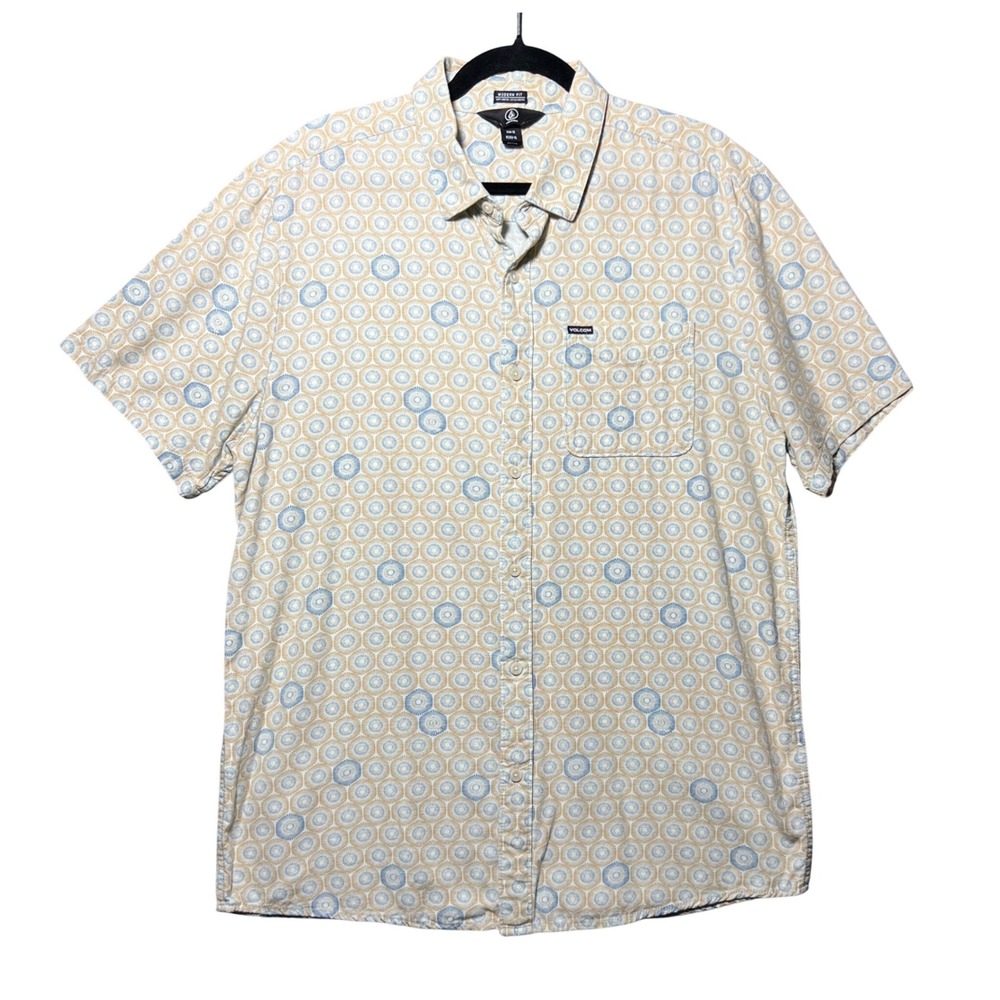 Volcom Mens XL Modern Fit Short Sleeve Button Up Shirt Tan Blue Geometric Print